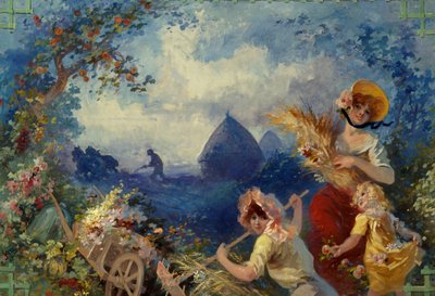 La Terre Allegorie edustaa nuoria naisia, joilla on vehnäsaappaat sadonkorjuun taustalla. Jules Cheretin (1836-1932) kuvakudoslaatikko 1900-luvun Nizza, Musee Cheret tekijältä Jules Cheret