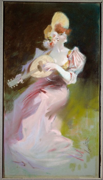 Nainen mandoliinilla Jules Cheretin (1836-1932) maalaus 1900-luvun Chalons sur Marne, Kuvataidemuseo. tekijältä Jules Cheret