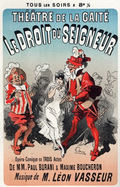 Musiikki. Herran sääntö, Leon Vasseurin operetti. Jules Cheretin juliste ensimmäiseen esitykseen Theater de la Gaitessa, Pariisissa, Ranskassa tekijältä Jules Cheret