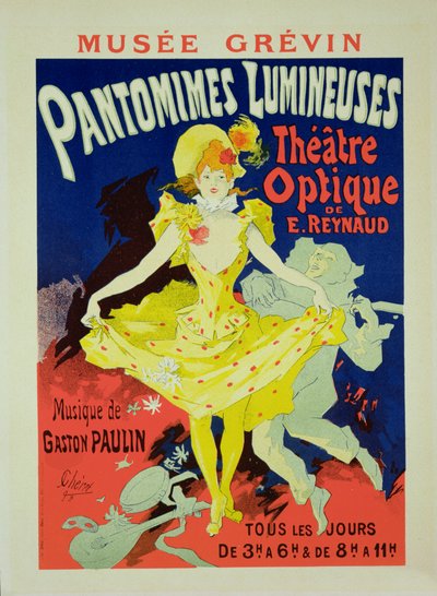 Jäljennös julistemainoksesta "Pantomimes Lumineuses" Musee Grevinissä, 1892 tekijältä Jules Cheret