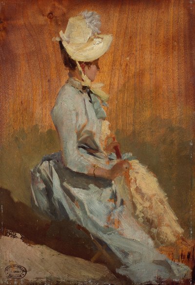Istuva nainen, n.1879-84 (öljy puulle) tekijältä Jules Cheret