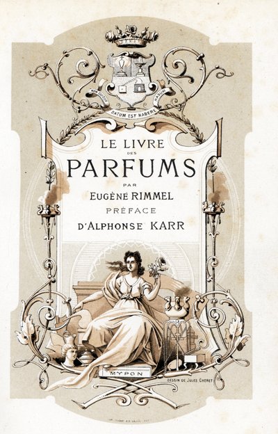 Pahina ng pamagat na may coat of arms at isang babaeng may hawak na rosas, nakaupo sa isang trone - Illustration ni Jules Cheret (1836-1932) mula sa Le Livre des Parfums ni Eugene Rimmel (1820-1887), Francefinn tekijältä Jules Cheret