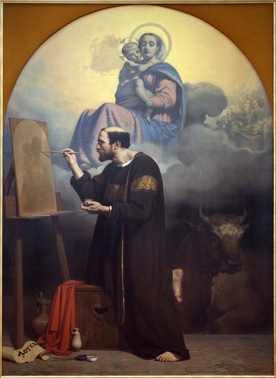 Pyhä Luukas maalasi Neitsyt. Pyhän Luukkaan visio. Jules Claude Zieglerin (1804-1856) maalaus öljy kankaalle tekijältä Jules Claude Ziegler