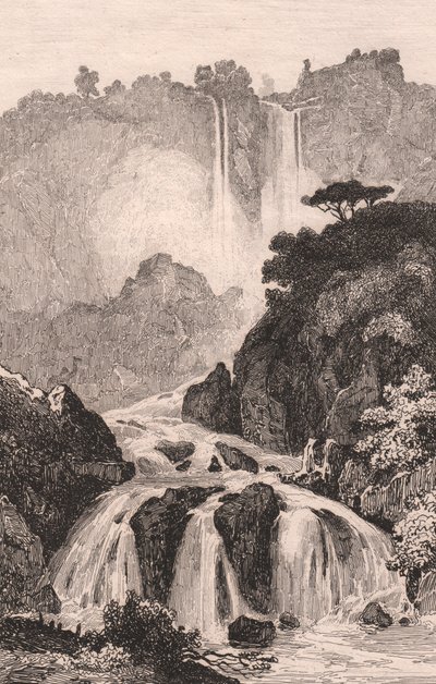 Näkymä Marmoren putouksille (Cascata delle Marmore) lähellä Terniä, Umbria, Italia, teräskaiverrus Jules Coignet