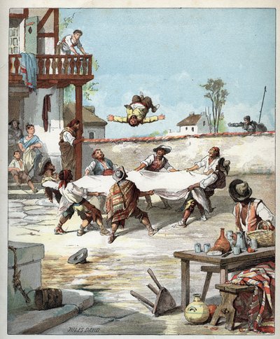 Inn Sancho Panza on miehitys, hän kutsuu isäntänsä Don Quijotea auttamaan - Hotellilla des gaillardit tekevät voltiger Sancho Panzaa peiton kanssa, Sancho kutsuu auttamaan isäntänsä Don Quijote - Kuvitus Jules Davidista (1808-1892) alkaen Histoir tekijältä Jules David