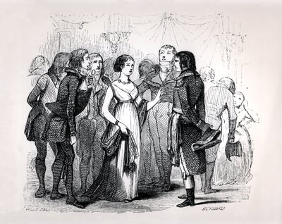 Madame de Stael (1766-1817) kyselee Napoleon Bonapartea (1769-1821) parhaista naisista Emile Marco de Saint-Hilairen "Napoleonista", Bernardin kaivertama Pariisi, 1843 tekijältä Jules David
