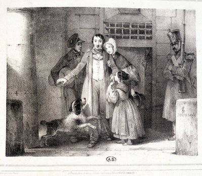 Mies lähtee vankilasta ja yhdistyi perheensä kanssa, n. 1830. tekijältä Jules David