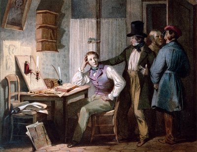 Opiskelu. Ahkera opiskelija toimistossaan pysyy töissä, kun hänen ystävänsä lähtevät ulos. Jules Davidin värikaiverrus (1800-luku). Pariisi, Musee Carnavalet tekijältä Jules David