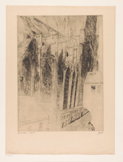 Näkymä Gentin Sint-Niklaaskerkin sivujulkisivulle Eglise St Nicolas Gand (otsikko esineessä) Rue du Chapeau Rouge a Gand tekijältä Jules De Bruycker (signed by artist)