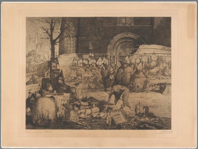 Näkymä torille Flanderissa Vieux marché en Flandre (otsikko esineessä) tekijältä Jules De Bruycker (signed by artist)
