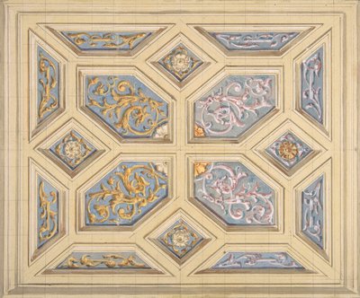 Suunnittelu rinceaux-koristeluun kasettikattoon, 1840-97. Tekijät: Jules-Edmond-Charles Lachaise, Eugène-Pierre Gourdet. tekijältä Jules Edmond Charles Lachaise and Eugène Pierre Gourdet