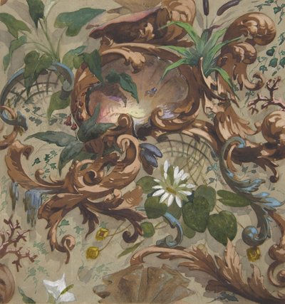 Suunnittelu tapetille, jossa on kuoria, lummeja ja kissaita, 1830-97. Tekijät: Jules-Edmond-Charles Lachaise, Eugène-Pierre Gourdet. tekijältä Jules Edmond Charles Lachaise and Eugène Pierre Gourdet
