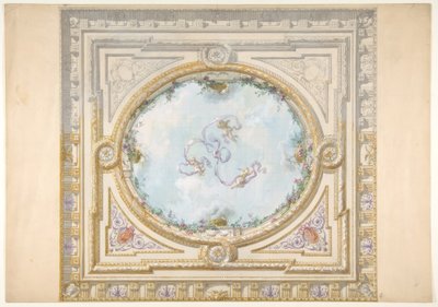 Suunnittelu rokokootyyliseen kattoon trompe loeil oculusilla tekijältä Jules Edmond Charles Lachaise