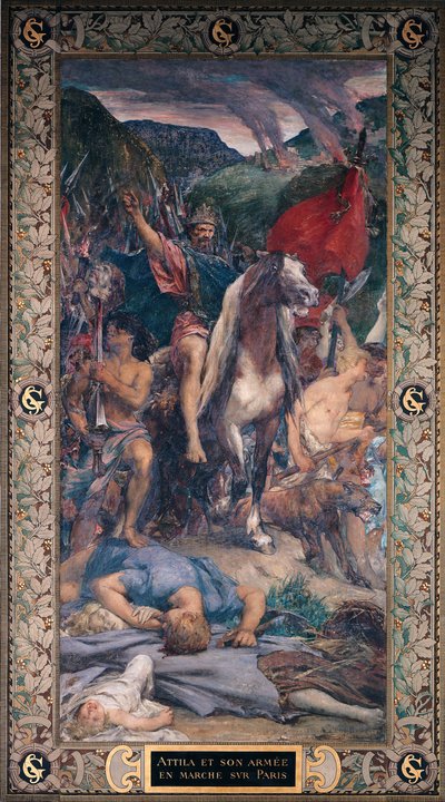 Attila (n. 406-453) ja hänen armeijansa marssivat Pariisissa tekijältä Jules Elie Delaunay