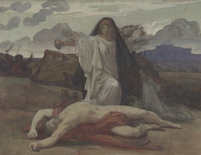 Antigone hautaa tunnusmerkit veljensä Polynicesin ruumiille, 1835-1898. tekijältä Jules Eugene Lenepveu