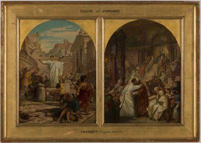 Saint-Ambroisen kirkon luonnos: Augustinus lopettaa barbaarisen tavan, jonka mukaan isät, veljet ja pojat taistelevat toisiaan vastaan harjoittaakseen sotaa, vuosina 1872-1875 (öljy kankaalle). tekijältä Jules Eugene Lenepveu