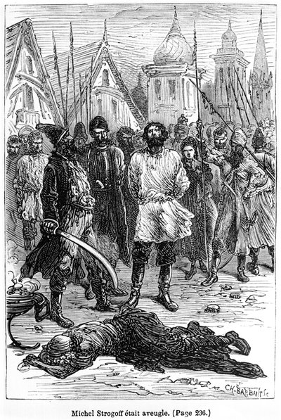 Michael Strogoff oli sokea, kuvitus Jules Vernen (1828-1905) "Michel Strogoffista" kaivertanut Charles Barbant (k.1922) Paris, Hetzel tekijältä Jules Ferat