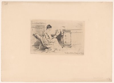 Nainen tuulettimen kanssa matalassa tuolissa tekijältä Jules Ferdinand Jacquemart (attributed to)