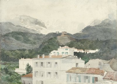 Maalaistalot vuorten juurella, korkeat vuoret edessä, La Turbie tekijältä Jules Ferdinand Jacquemart