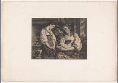 Äiti loukkaantuneen lapsen sylissä Le petit blessé (otsikko esineessä) Sveitsiläiset artistit (sarjan nimi) Les artistes Suisses (sarjan nimi esineessä) tekijältä Jules Hébert