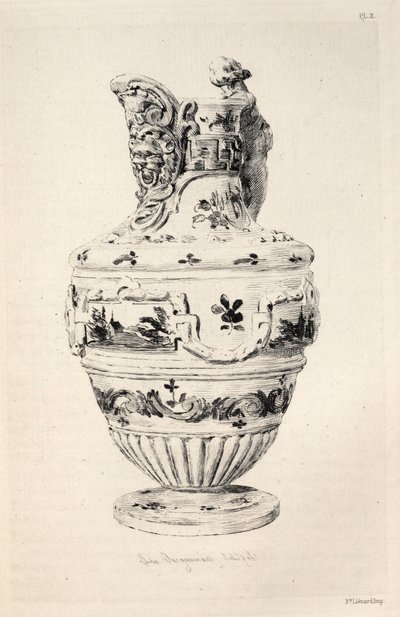 Keramiikkataiteen historia: Kuvaava ja filosofinen tutkimus kaikkien aikojen ja kaikkien kansojen keramiikasta: Espanja: Talavera de la Reyna- Faience-Ewer (taulu X) tekijältä Jules Jacquemart