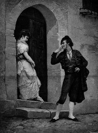 Härkätaistelijan startti kisaan. 1800-luvulla. Kaiverrus Rougeronin maalauksen jälkeen (Jules James Rougeron tekijältä Jules James Rougeron