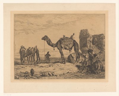 Maisema kamelien kanssa raunioina Sous les murs de Teheran (Perse) tekijältä Jules Joseph Augustin Laurens (signed by artist)