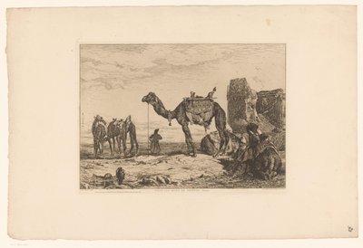 Maisema kamelien kanssa raunioina Sous les murs de Téhran (Perse) (otsikko esineessä) tekijältä Jules Joseph Augustin Laurens