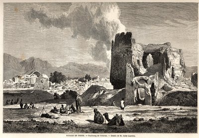 Teheranin (nykyinen Iran) esikaupunkialueet. Jules Laurensin (1825-1901) piirustus kuvaamaan Arthur Gobineaun matkaa Persiaan vuosina 1855-1858. Kaiverrus kirjaan "" Le tour du monde, nouveau journal des voyages" Paris tekijältä Jules Joseph Augustin Laurens