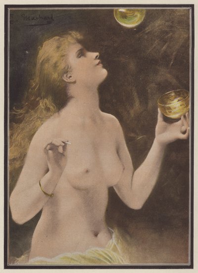 Nainen puhaltaa saippuakuplia (väri litho) tekijältä Jules Louis Machard