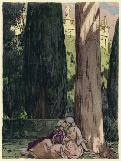 Kuvitus Casanovan muistelmiin (värilitografia). tekijältä Jules Marie Auguste Leroux