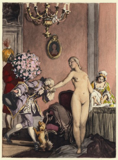 Kuvitus Casanovan muistelmiin (värilitografia). tekijältä Jules Marie Auguste Leroux