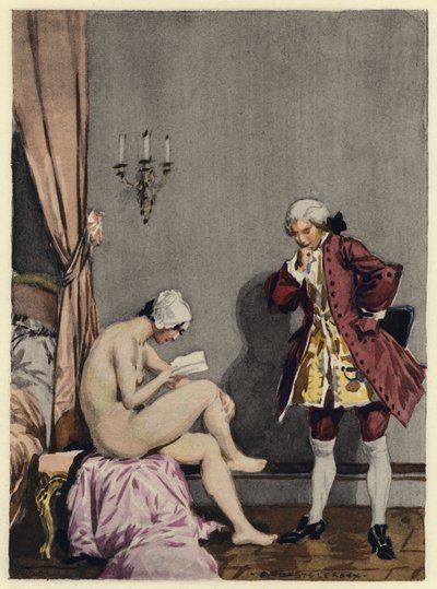 Kuvitus Casanovan muistelmiin (värilitografia). tekijältä Jules Marie Auguste Leroux