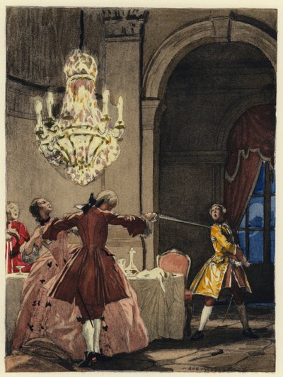 Kuvitus Casanovan muistelmiin (värilitografia) tekijältä Jules Marie Auguste Leroux