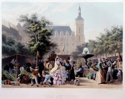 Näkymä Quai aux Fleursille Pariisissa Kävely Ile de la Cite -kadulla. Jules Marie Desandren (1845-?) litografia 1800-luvun Pariisi, Musee Carnavalet tekijältä Jules Marie Desandre