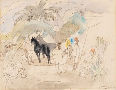 Figuurit ja kaksi hevosta maisemassa, 1921 (wc paperilla) tekijältä Jules Pascin