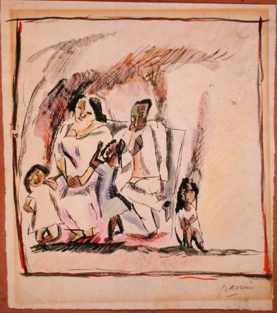 Äiti, isä ja kolme lasta (akvarelli paperille) tekijältä Jules Pascin