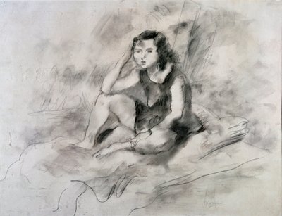 Istuva tyttö (akvarelli ja mustetta, n. 1910) tekijältä Jules Pascin