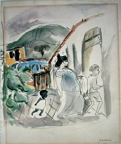 Nainen ja kaksi lasta (akvarelli paperille) tekijältä Jules Pascin