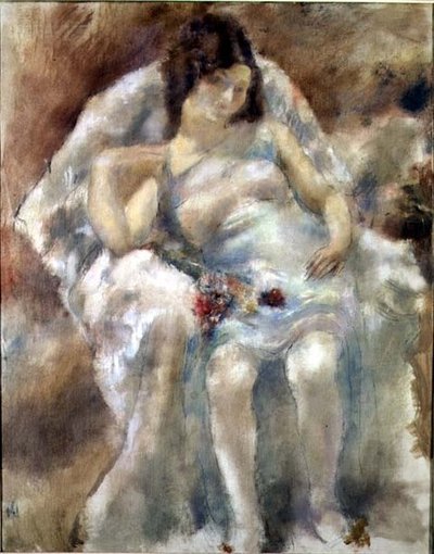 Nuori nainen istuu kukkien kanssa tekijältä Jules Pascin