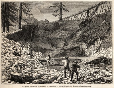 Jules Pelcoqin piirtämä kaivosväite tai työpaja Kaliforniassa havainnollistamaan tarinaa paroni de Woganin matkasta Kaliforniaan vuosina 1850–1852. Kaiverrus "" Le tour du monde, nouveau journal des voyages"" Paris tekijältä Jules Pelcoq