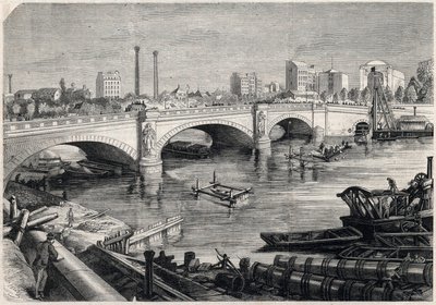 Pariisin muodonmuutos toisen imperiumin alaisuudessa, Haussmann Paris: Pariisin Alman sillan edessä tehdyt työt Seinen pohjassa sijaitsevan keräilyviemärin kulkua varten. Piirustus Jules Pelcoq. Kaiverrus "" The Illustrous Univessa tekijältä Jules Pelcoq
