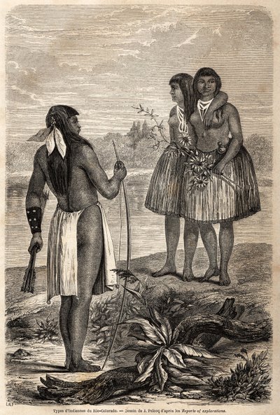 Intiaanityyppi Rio Coloradosta, Jules Pelcoqin piirustus havainnollistamaan tarinaa paroni de Woganin matkasta Kaliforniaan vuosina 1850-1852. Kaiverrus "" Le tour du monde, nouveau journal des voyages"" Paris tekijältä Jules Pelcoq
