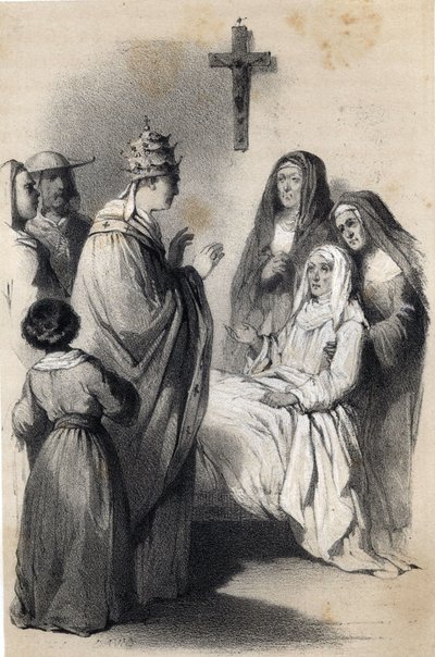 Assisilaisen Saint Clairen (Chiara) (n. 1192-1253), klaarikunnan perustajan, edustaja "Euroopan maineikkaissa naisissa". Kreivitär Drohojowska, s. Symon of Latreiche. Jules Davidin ja Raunheimin näyttäviä piirustuksia. noin 1850 tekijältä Jules and Raunheim Hermann David