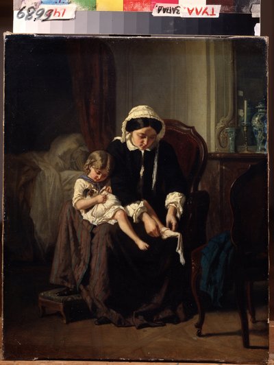 Aamu-wc (aamu-wc). Äiti (tai palvelija?) auttaa lasta pukeutumaan. Jules Treyerin maalaus (1824-1908). Öljy kankaalle, 47 x 39 cm tekijältä Jules Treyer