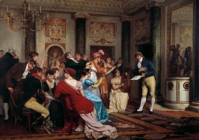 Romantiikka on muodikasta Teatterin lukeminen pariisilaisessa salongissa. (Salon Litteraire) Jules Wormsin (1832-1914) maalaus 1800-luvun Pariisi, Palais du Luxembourg tekijältä Jules Worms