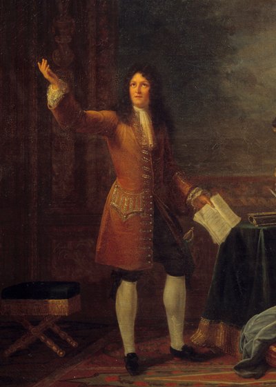 Jean Racine (1639-1699) lukee näytelmänsä Ranskan kuninkaan edessä. Yksityiskohta maalauksesta "" Jean Racine (1639-1699), jossa lukee "" Athalie"" ennen Ludvig XIV:tä (1638-1715) ja Francoise d