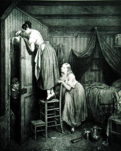 The Nosy Parker Punished, kaiverrus Alphonse Leon Noel (1807-84) (painettu) tekijältä Julien (after) Vallou de Villeneuve
