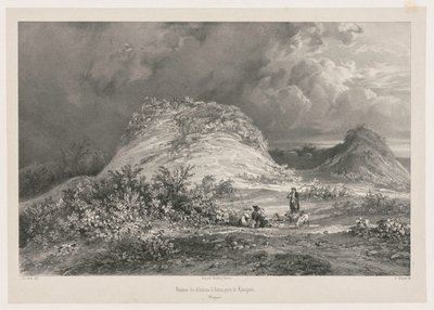 Chateau dArtnsin rauniot lähellä Huelgoatia, Bretagnen, 1845-1846. tekijältä Julien Louis Jacottet