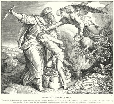 Abraham uhraa Iisakia (kaiverrus) tekijältä Julius (after) Schnorr von Carolsfeld